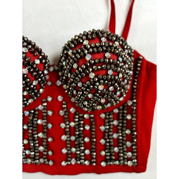 Women's Beaded Red Tank Corset Bra Bralette Spaghetti Strap Bustier Crop Top - Picture 2 of 10